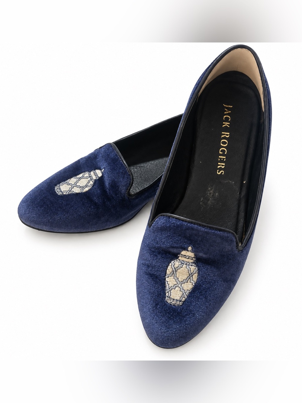 Jack Rogers Velvet embroidered Ginger Jar Loafers navy blue Smoking Flats 8.5M
